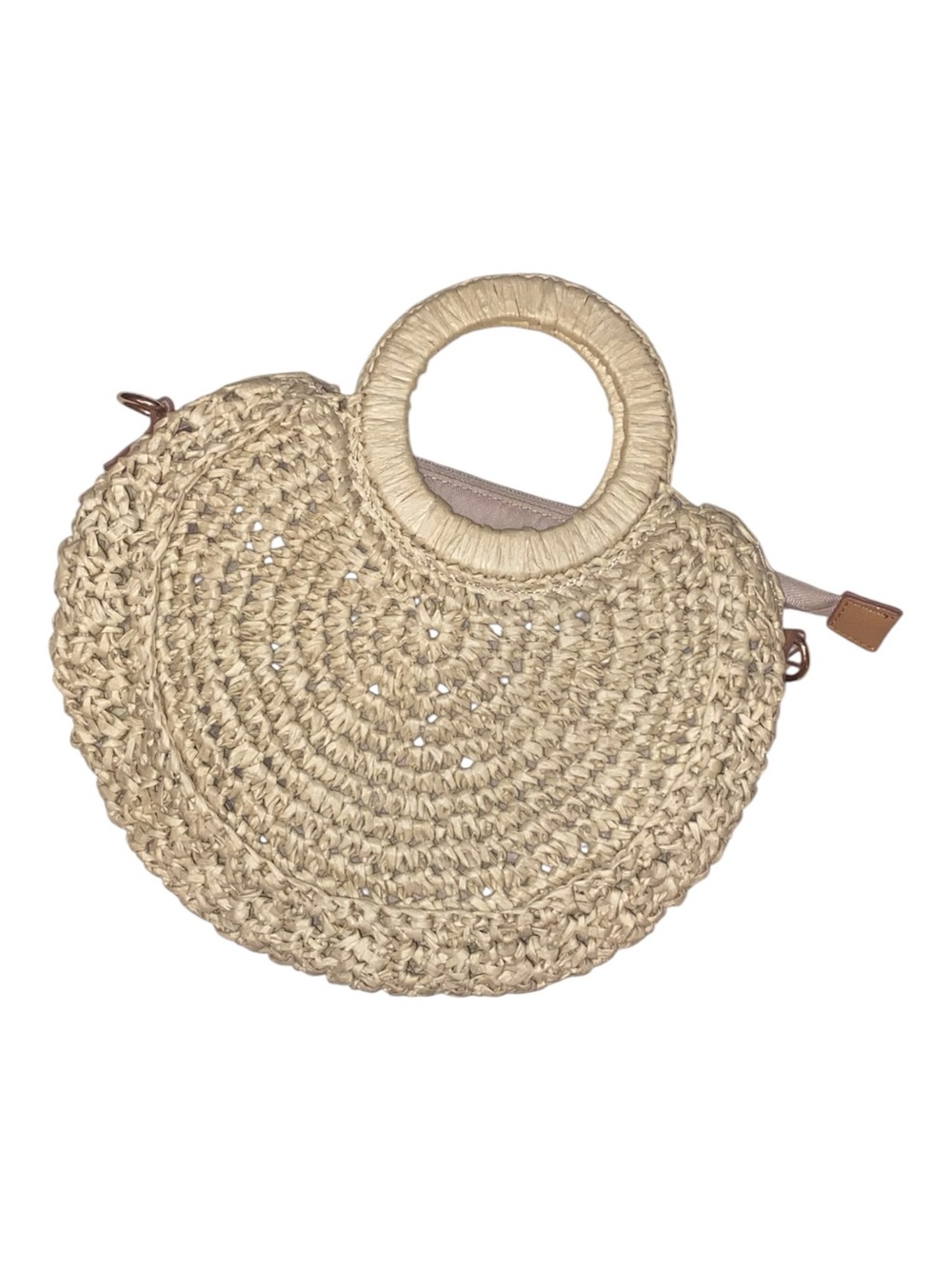 LC LAURE CONRAD Summer Straw Rattan Woven Purse O-Ring Handles Beige/Natural